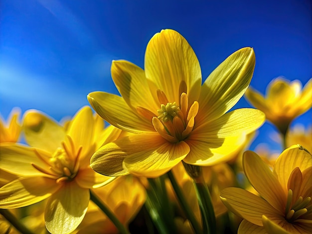 flores amarillas de primavera y el cielo azul sin nubes macro vista