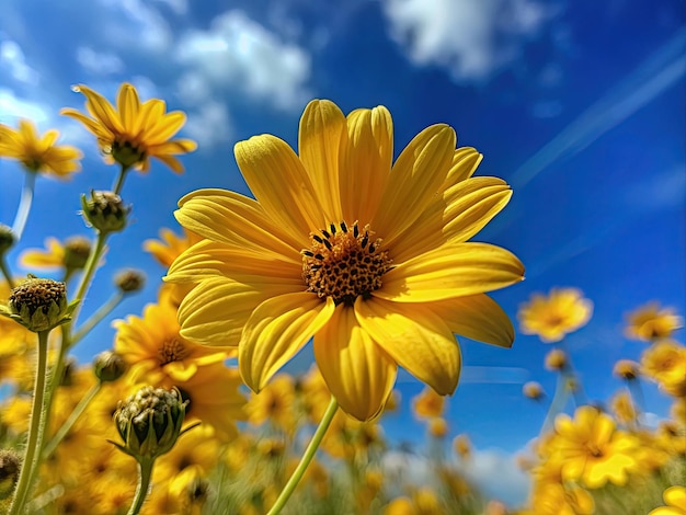 flores amarillas de primavera y el cielo azul sin nubes macro vista