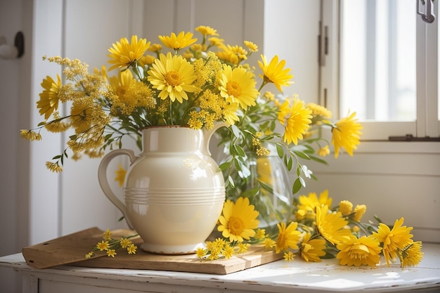 Flores amarillas silvestres de verano en jarra sobre interior vintage blanco