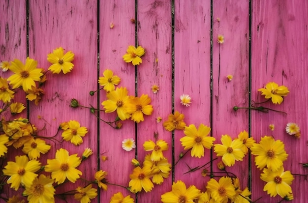 Flores amarillas sobre un fondo de madera rosa