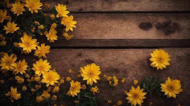 flores amarillas sobre superficie de madera con espacio de copia