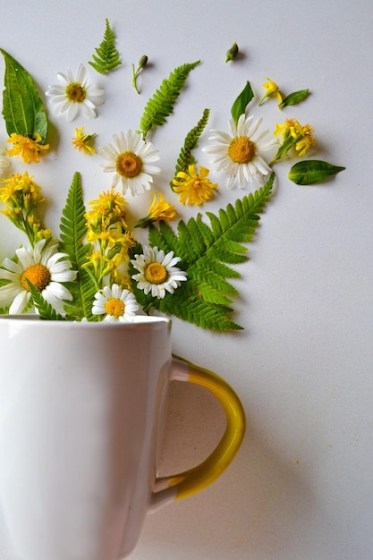 flores amarillas en la taza de té