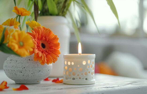 Flores amarillas con velas encendidas en una mesa de madera blanca de estilo escandinavo