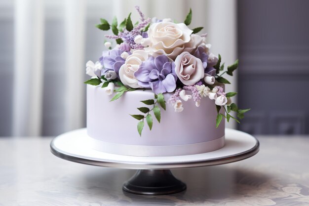 Las flores del amor adornan el pastel de bodas con lila y periwinkle