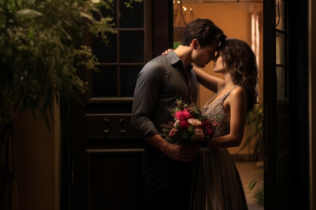 Las flores del amor en la puerta Una pareja romántica comparte un beso mientras sostiene flores en flor ar 3