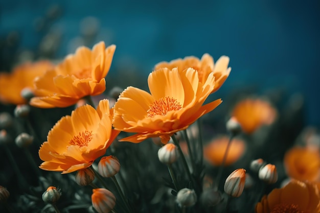 Flores anaranjadas en un campo con un fondo azul.