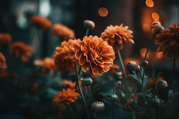 Flores anaranjadas en un jardín con un fondo borroso