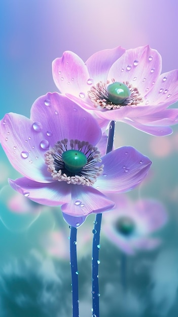 Flores de anémona florecientes con gotas de agua fondo de primer plano Fondo de pantalla de verano Ai generado