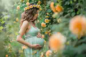 Foto flores ao redor de uma mulher grávida