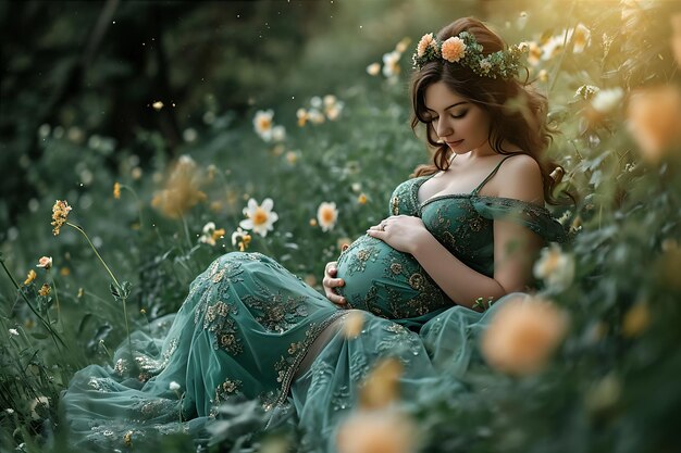 Foto flores ao redor de uma mulher grávida