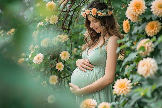 Flores ao redor de uma mulher grávida