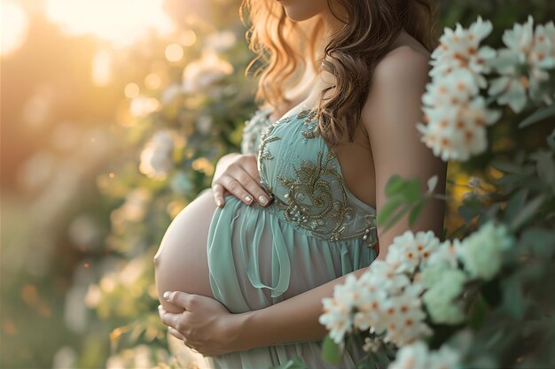 Foto flores ao redor de uma mulher grávida