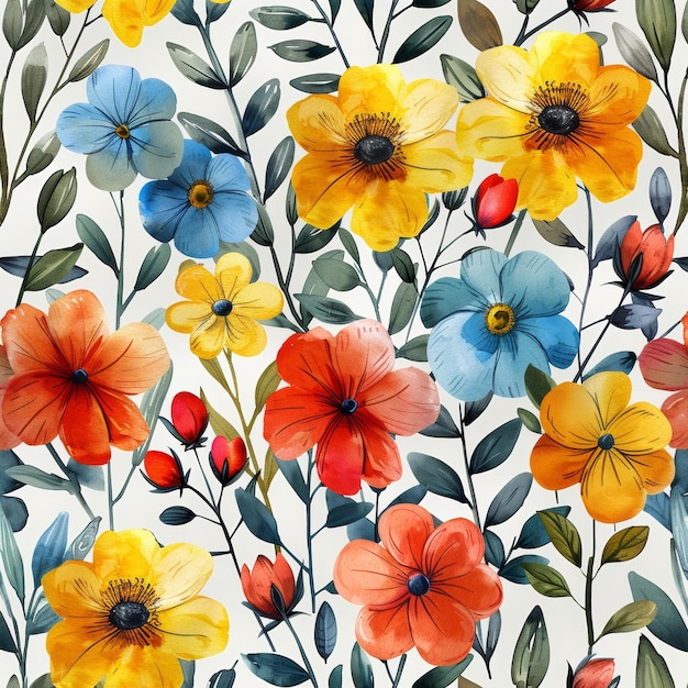 Flores aquareladas multicoloridas pintadas à mão em um padrão sem costura