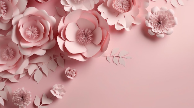 Flores artesanais de corte de papel AI generativas e folhas de fundo texturizado de origami floral de cor rosa claro