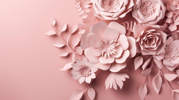 Flores artesanais de corte de papel AI generativas e folhas de fundo texturizado de origami floral de cor rosa claro