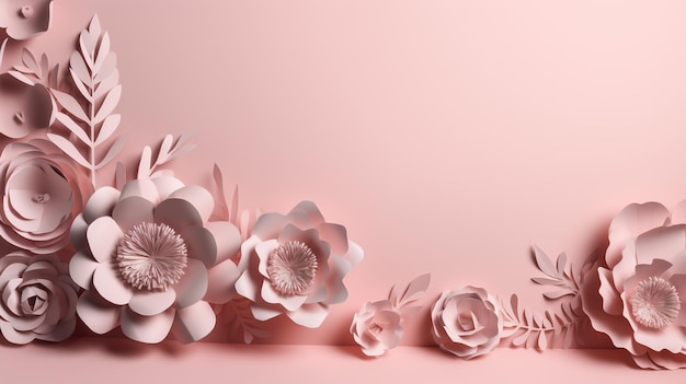 Flores artesanais de corte de papel AI generativas e folhas de fundo texturizado de origami floral de cor rosa claro