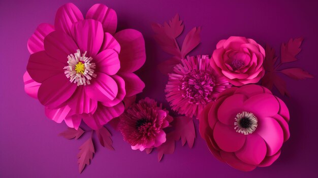 Flores artesanais de corte de papel AI generativas e folhas de origami floral de cor magenta viva