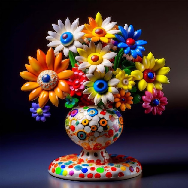 Flores artificiais coloridas em um vaso em um fundo escuro geradas por IA