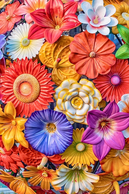 Flores artificiais como belas paisagens de fundo nas ruas da cidade