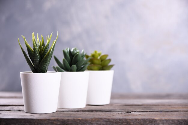 Flores artificiales hierba diferente forma en una maceta en la mesa de madera de cerca