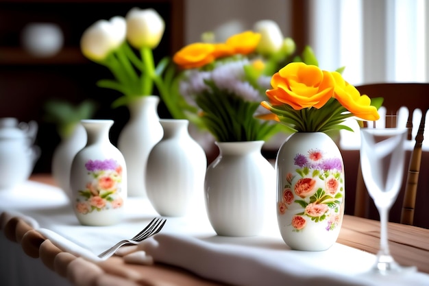 Flores artificiales en jarrones de cerámica blanca sobre la decoración de  la mesa.