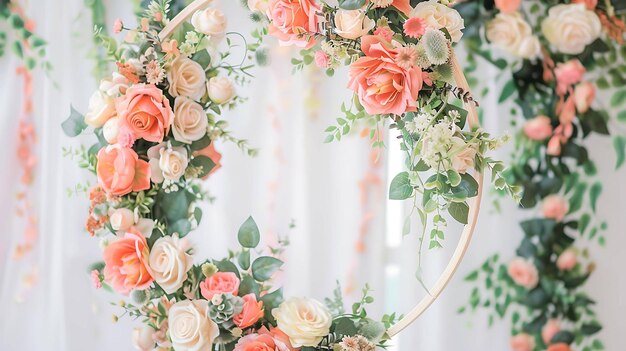 Las flores artificiales se utilizan para crear un hermoso telón de fondo para una boda Las flores están dispuestas en un círculo y colgadas de un aro de metal