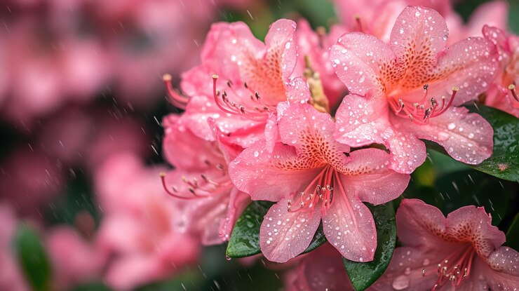 flores de azalea rosadas con gotas de agua en los pétalos y fondo bokeh suave en la naturaleza vibrante