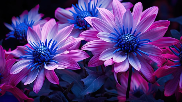 Flores azuis e cor-de-rosa