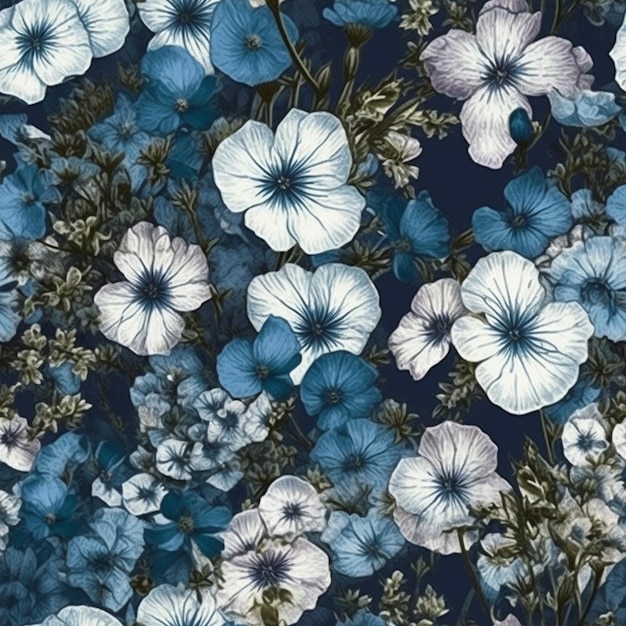 Flores azuis em um fundo azul escuro.