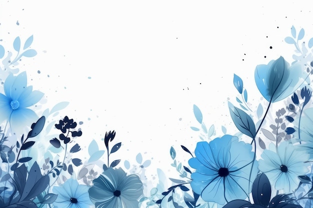 Flores azuis em um fundo branco com um lugar para texto.