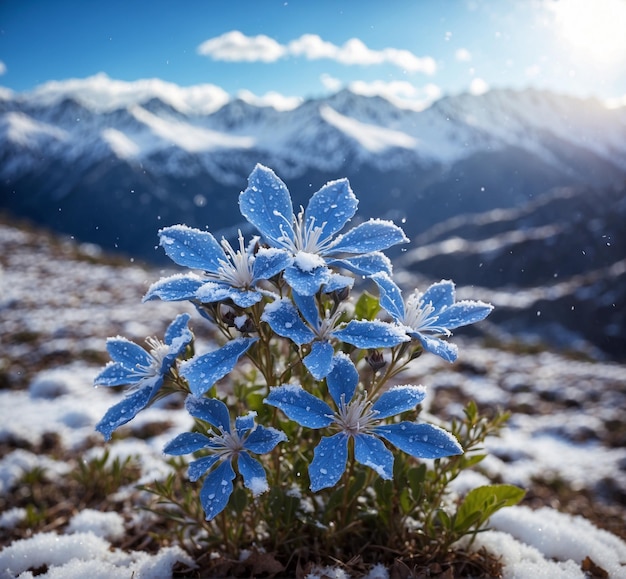 Foto flores azuis no fundo de picos de montanhas cobertas de neve