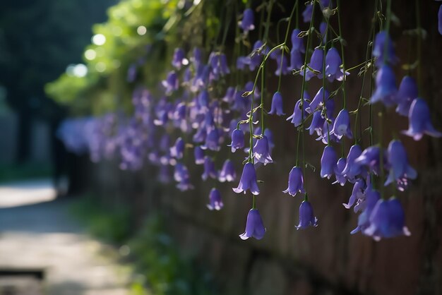 Flores azuis penduradas na parede do jardim