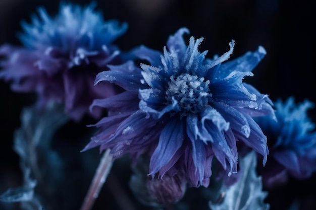 Flores azuis profundamente frias e congeladas em close-up como fundo floral generativo ai