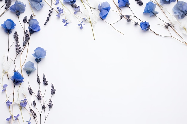 Flores azuis secas e eucalipto em uma vista superior de fundo branco