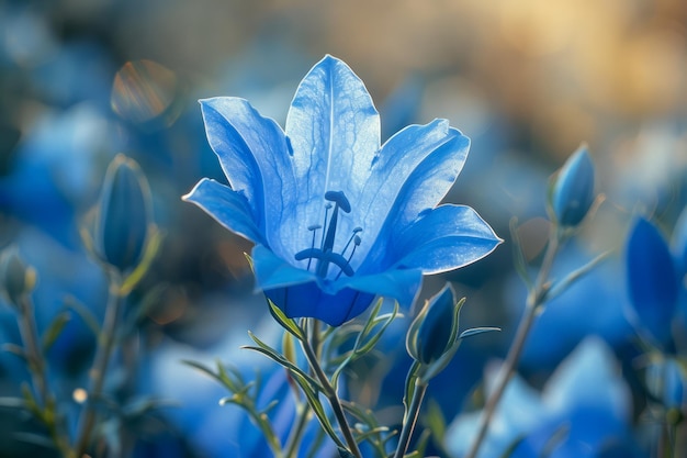 Flores azuis vivas florescem com a luz do sol brilhando através das pétalas em um cenário natural sereno