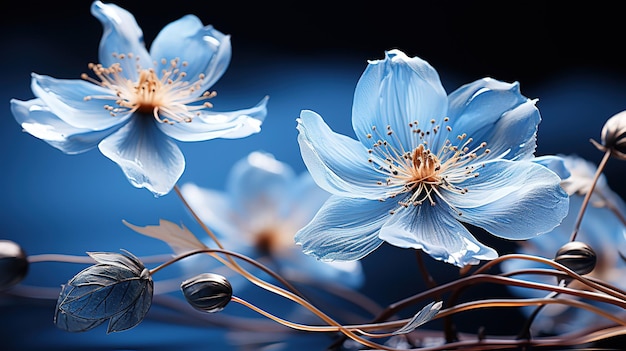 Flores azul-brancas-rosa translúcidas muito delicadas e pequenas Flores de fadas atmosféricas
