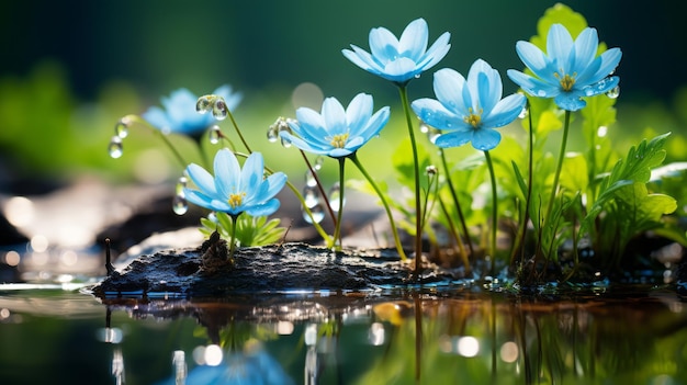flores azules en el agua con gotas de agua sobre ellas