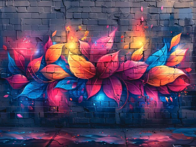 Flores azules, amarillas y rosas dibujadas en estilo graffiti sobre un fondo oscuro