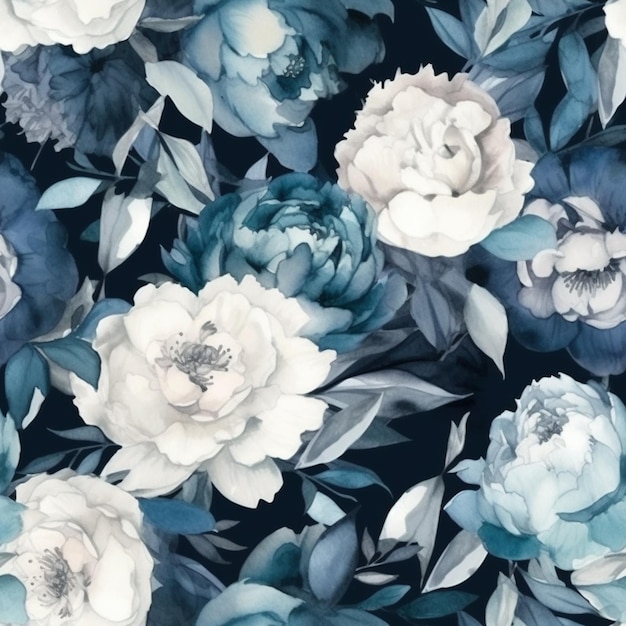 Flores azules y blancas sobre un fondo azul oscuro.
