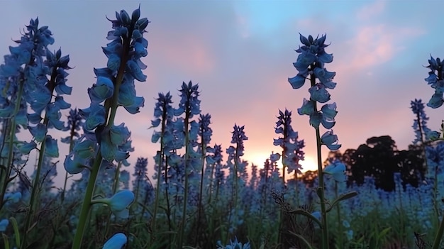 Flores azules en un campo al atardecer