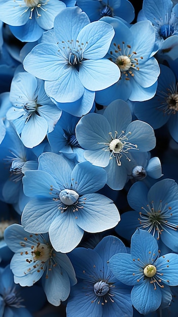 Flores azules con estambres blancos sobre un fondo azul.