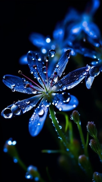 Flores azules con gotas de agua en un fondo oscuro