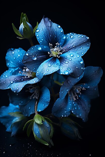 Flores azules con gotas de agua en un fondo oscuro