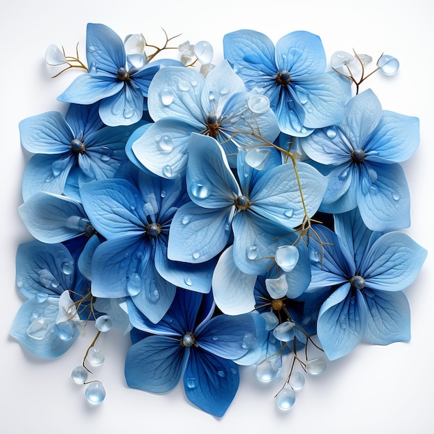 Flores azules con gotas de agua