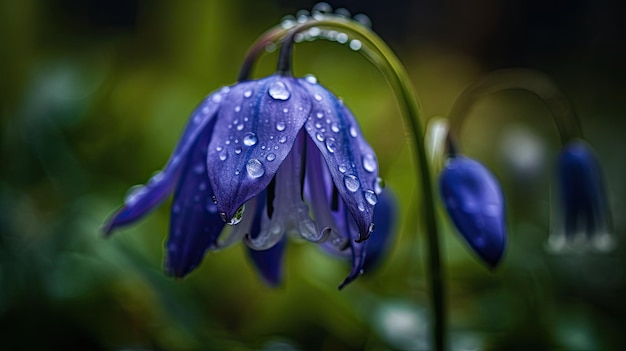 Flores azules con gotas de lluvia en los pétalos.