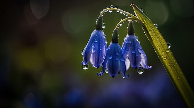 Flores azules con gotas de rocío en un tallo verde