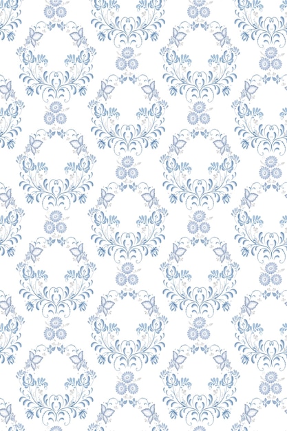 Flores azules y hojas corona floral en ornamento de patrón sin costuras en estilo ruso aislado en