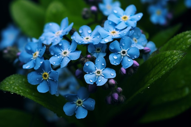 Flores azules bajo la lluvia