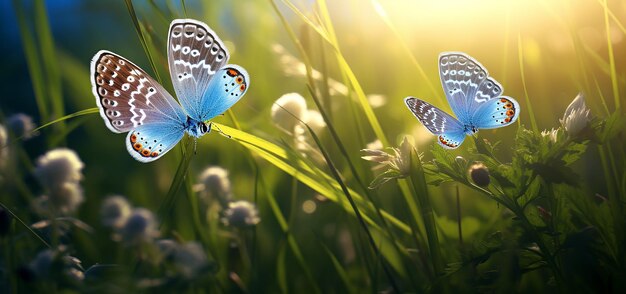 Foto flores azules y mariposas en vuelo armonioso