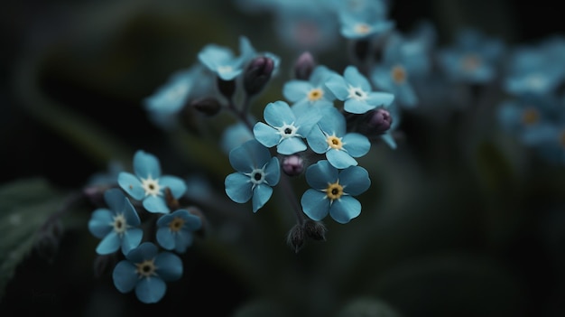 Flores azules en la oscuridad